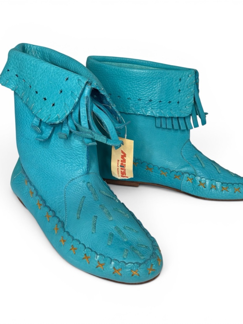 Turquoise Leather Fringe Boots Boho Moccasin Ankle Boots Handmade Brazil